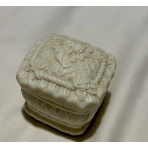 Vintage Ivory Bisque Small White Decorative Trinket Jewelry Box Ornate Square